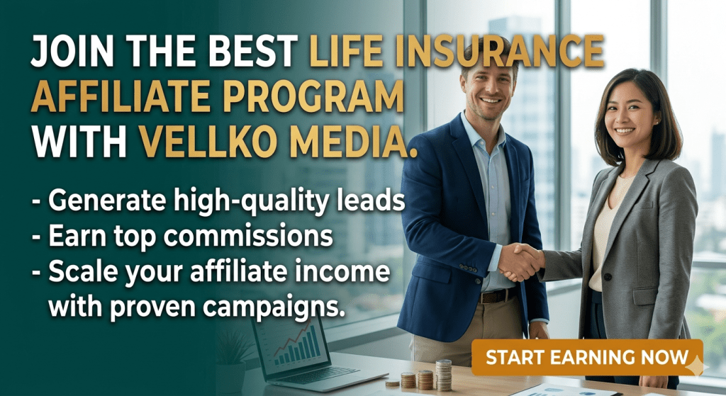 Join the best life insurance affiliate program with Vellko Media. Generate high-quality leads, earn top commissions, and scale your affiliate income with proven campaigns." create image